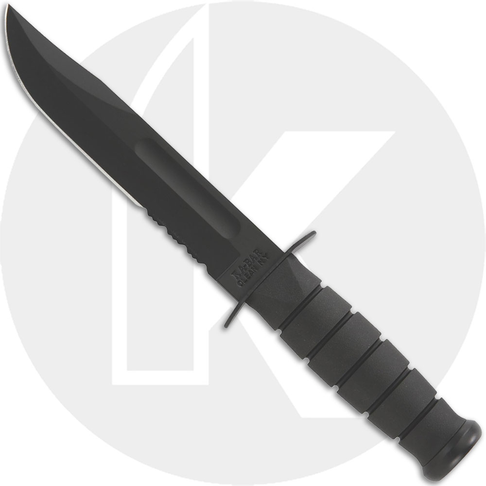 Black KABAR Knife, Part Serrated with Leather Sheath, KA-1212