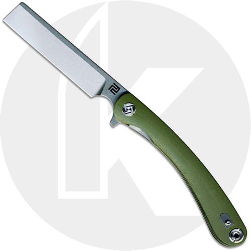 Artisan Orthodox Knife 1817P-GNC Stonewash D2 Razor Style Blade Green G10 Liner Lock Flipper Folder