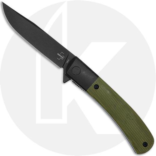 Boker Plus Modern Gentleman 01BO931 Knife - Black Nitro-V Drop Point - Green Micarta - Flipper Folder