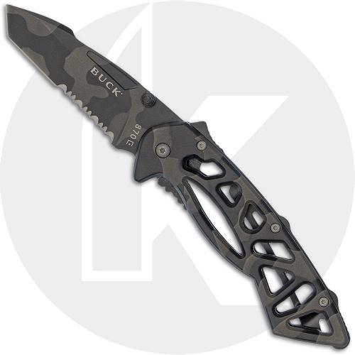 Buck Bones 870CMX Knife - Tiger Stripe Camo Part Serrated 420HC Modified Tanto - Tiger Stripe Camo Skeletonized Stainless Steel - Flipper Folder