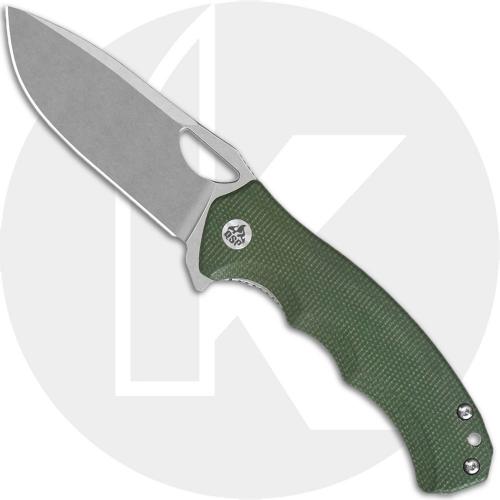 QSP Gorilla QS153-C1 Knife - Stonewash 14C28N Drop Point - Green Micarta - Flipper Folder