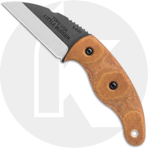 TOPS Knives Little Bugger LILB-01 - Tumble Finish 1095 Steel Wharncliffe Blade - Tan Canvas Micarta