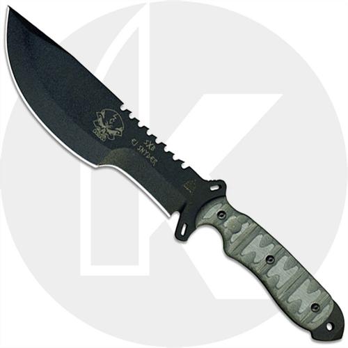 TOPS Knives Skull Crusher's Xtreme Blade SXB-10 - Black Traction Coat 1095 Sawback - Black Linen Micarta