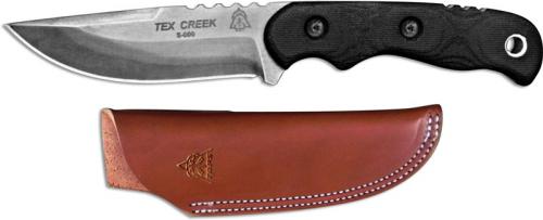 TOPS Knives Tex Creek Knife TEX-4 - Leo Espinoza - Black River Wash 1095 Steel Hunters Point - Black Micarta