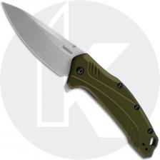 Kershaw Link 1776OLSW - Stonewash Blade - Olive Aluminum - SpeedSafe Assist - Flipper Folder - USA Made